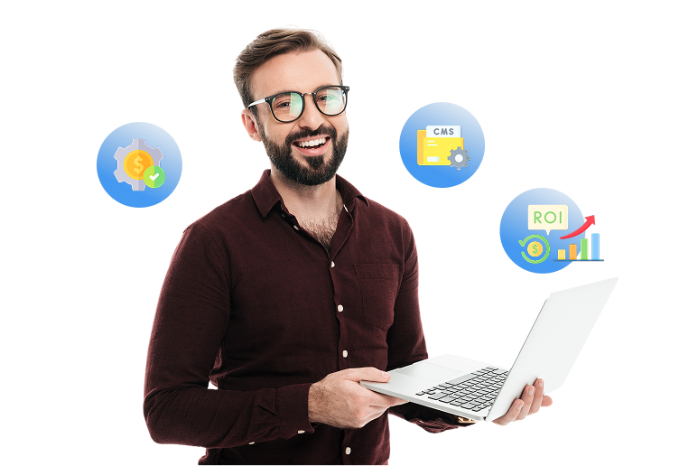 Man with laptop and CMS icons